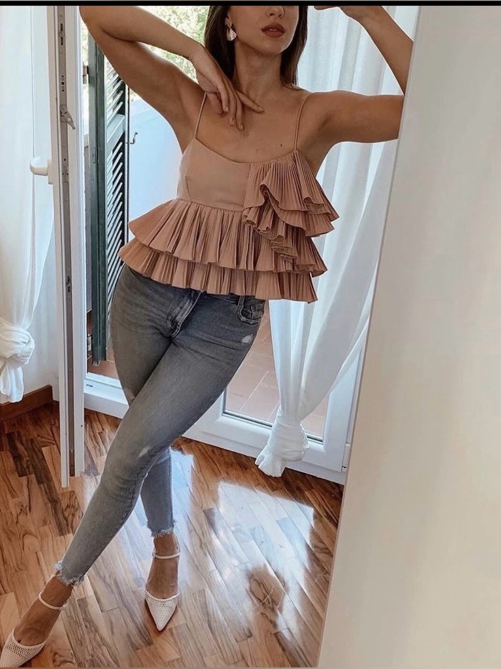 🔥🔥Zara Ruffled Cami Top - Elegant Layered Spaghetti Strap